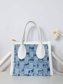 夏季清新简约时尚女士手提包，时尚百搭休闲甜美可爱迷你包，拼布浅色牛仔面料撞色小方包，欧美简约风格托特包，多用途单肩包，棋盘蓝色斜挎包，适合通勤、度假、学生、办公室女士、妈妈、女友礼物