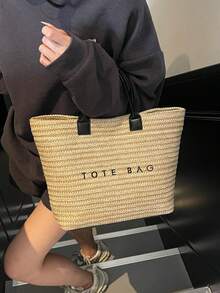 Fashionable Tote Bag - Large Capacity, Made Of Lightweight PVC And Kraft Paper, With Hook And Loop Closure, Stylish Choice For Women - Beige - View 6