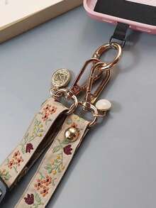 Lanière de téléphone en nylon floral avec pendentif perle, bracelet compatible accessoire universel - Collier/Floral - Voir 5