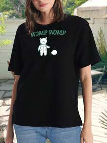 Camiseta de talla grande con estampado de oso Womp Womp para mujer, camiseta gráfica de dibujos animados, camiseta informal de moda, top único estilo streetwear, suave mezcla de algodón - ¡El regalo perfecto! - Negro - Ver 2