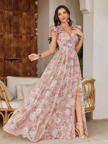 [Impresión aleatoria] Vestido de noche de gasa con cuello en V, mangas con encaje, abertura y bajo amplio para mujer UNITHORSE - Rosa - Ver 1