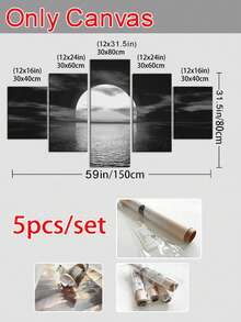 1/5件套月湖夜景帆布墙画，海洋满月帆布画，防水无异味，木框海报，馈赠亲友的理想礼物，房间装饰，可直接悬挂 - 黑色 - 查看 15