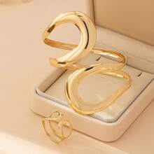 2pcs Set Exaggerated Geometric Minimalist Chic Metallic Adjustable Cuff Bracelet & Ring Set For Women
