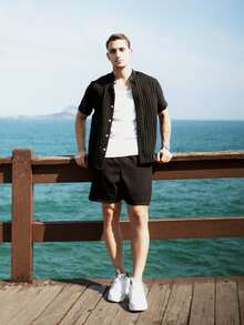 Men's Short Sleeve Shirt With Priest Collar Premium Quality Light And Fresh Fabric Easy To Iron - 黑與白 - 查看 5