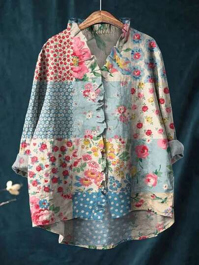 قميص كاجوال للنساء من القطن الكتاني بطبعة رقعة الزهور ، مقاس كبير الحجم