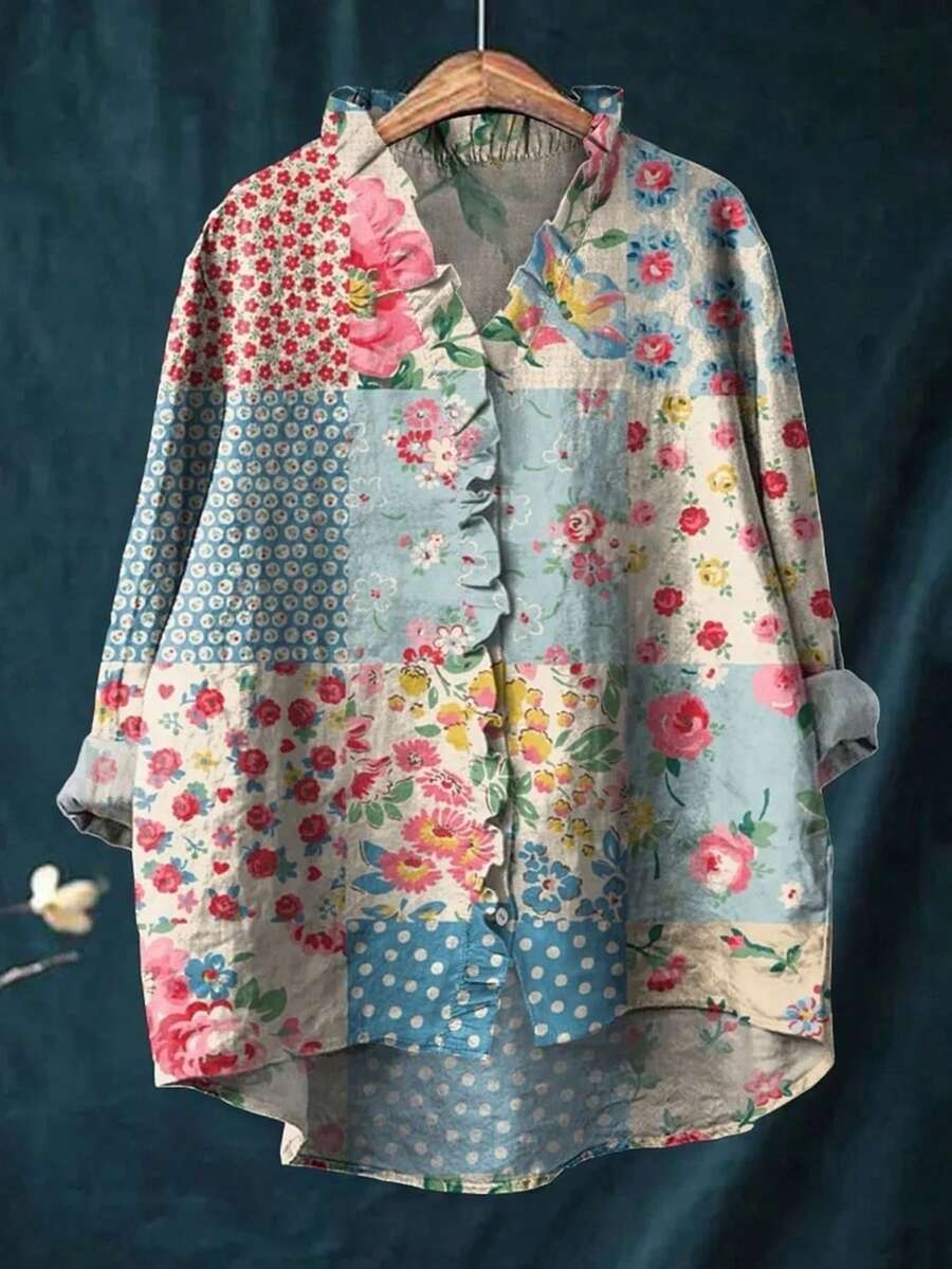 Blusa casual con estampado de patchwork floral para mujeres de talla grande - Azul - Ver 1