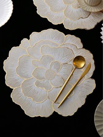 1-8pcs Gold Creative Flower PVC Placemats, Washable, Easy To Clean, Wipe-Clean, Anti-Slip, Heat-Resistant, Holiday Wedding Party Dining Table Decoration