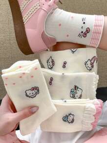 Sanrio 1Pair Sanrio Hello Kitty Mid-Calf Crew Summer Socks Women Socks Flounced Hem Seamless Toe & Breathable Ribbed Texture - Spring/Summer Collegiate Style Socks For School Outfits, Cute Gift With Greeting Card For Birthdays/Valentine's Day