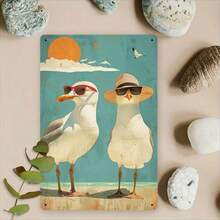 1 件复古海滩海鸥金属标牌 - 带太阳镜和海滩风景的复古墙面装饰 | 适用于咖啡馆、车库、学校、图书馆和餐厅 | 质朴的室内/室外装饰、咖啡馆装饰 | 海滩主题 | 耐用的金属标牌、海滩配件、随机风格