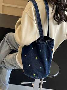 Bolso de lona de verano con bordado, bolso de tela vaquera, diseño único, bolso de hombro de gran capacidad y de moda para ir al trabajo - Multicolor - Ver 13