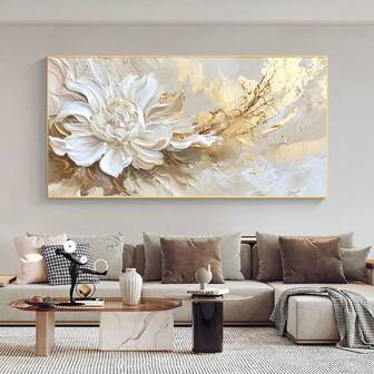 1pc Botanical Posters And Prints, Abstract White Flowers Wall Arts, Goolden Flowers Texture Canvas Painting Unframed Canvas Wall Art, Living Room, Office, Home Wall Decor, Elegant Room Accessory, Aesthetic Room Decor, NO Frame