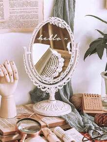 1pc Elegant European Style Double-Sided Makeup Mirror(Plastic Housing), Design And Decoration Craftsmanship, Desktop Love Double-Sided Makeup Mirror, Valentine'S Day Wedding, Birthday Party, Bathroom Accessories, Retro Decoration, Home Dressing Mirror, Room Decoration Aesthetics, Home Decor - Multicolor - View 8