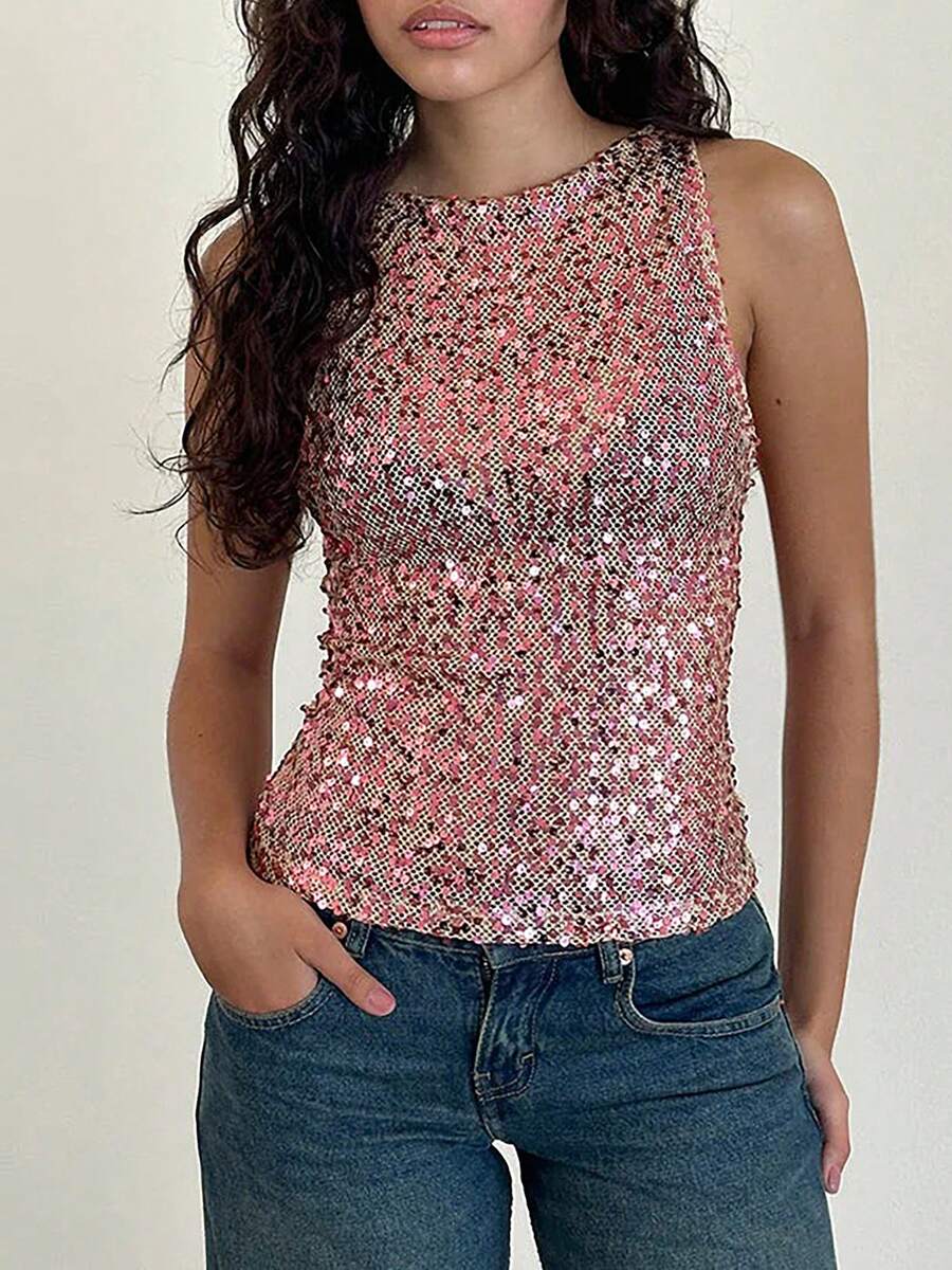 Women's Beads Sequins Tank Top Sparkle Sleeveless Boat Neck Solid Party Clubwear Vest - 粉色 - 查看 1