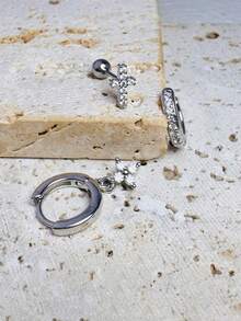 3 件不锈钢耳垂耳环，14K 镀金闪亮 CZ 耳环套装，白色锆石花朵风格耳钉，适合女士女孩 - 銀色 - 查看 19