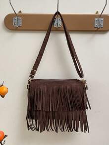 1 pieza Bolso de mano informal de verano de color café con cremallera suave de piel sintética, volantes decorativos, unicolor versátil y elegante, adecuado para uso diario de mujeres - Café - Ver 1