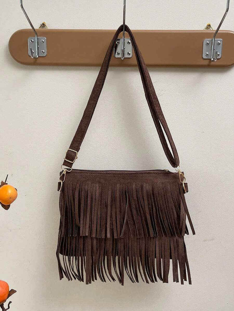 1 pieza Bolso de mano informal de verano de color café con cremallera suave de piel sintética, volantes decorativos, unicolor versátil y elegante, adecuado para uso diario de mujeres - Café - Ver 1