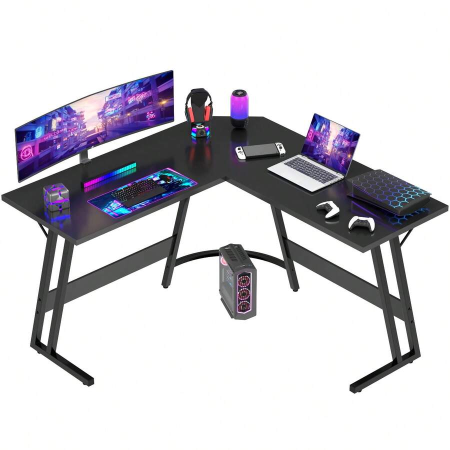 DEVOKO Computer Desk, L-Shaped Corner Desk, Gaming Desk, Workstation For Home Office Easy To Assemble, White And Black - 黑色 - 查看 1