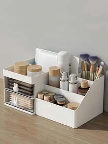 1pc White Makeup Storage Box With Drawers, Divided Compartments, Desktop Organizer For Cosmetics, Skincare, Lipsticks, Brushes, Eyeshadow, Nail Polish, Perfume, Suitable For Computer Desk, Office Desk, Vanity, Bathroom Shelf, Home Decor, Stationery Holder, Bunny Button Makeup Case, Women's Day Gift, Gift For Mom,For Holiday Beach, Bathroom Collection, Bedroom Collection, Large Capacity - White - View 2