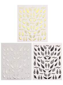 2/3/4/6 3D爱心锁指甲贴金银翅膀心形贴纸抽象涂鸦条纹指甲修剪，银色爱心锁抽象涂鸦全息心形指甲修剪包裹热印指甲贴纸DIY