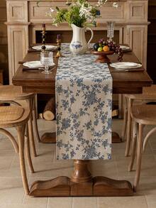 1 szt. Niebieski Vintage American Style Rose Floral Botanical Print bieżnik na stół, dekoracja do jadalni, kredens, odpowiedni do jadalni, gabinetu, pikniku, kolacji, Święta Dziękczynienia, Bożego Narodzenia