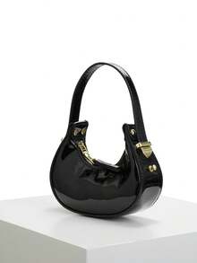 DareSee Ladies Mini Solid Color Gold Metallic Patent Leather Clutch Bag With Adjustable Crossbody & Hand Straps, For Parties And Banquets Music-Fest Y2K-Fest Back To School Autumn Winter Gifts Music Fest Back To School - Black - View 10