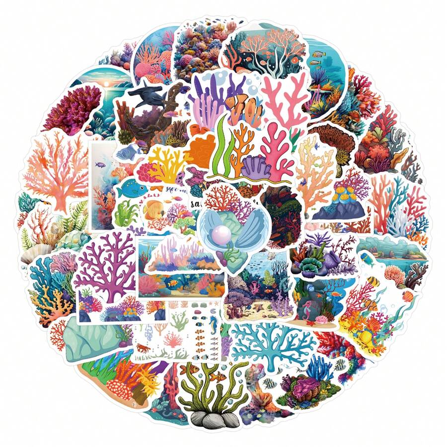55PCS Coral Reef Stickers Vinyl Aesthetics Stickers For Scrapbooking, Diary, Laptop, Bumper, Skateboard, Water Bottle, Computer, Phone, Cartoon, Hard Hat, Car Stickers And Decals - Multicolor - View 1