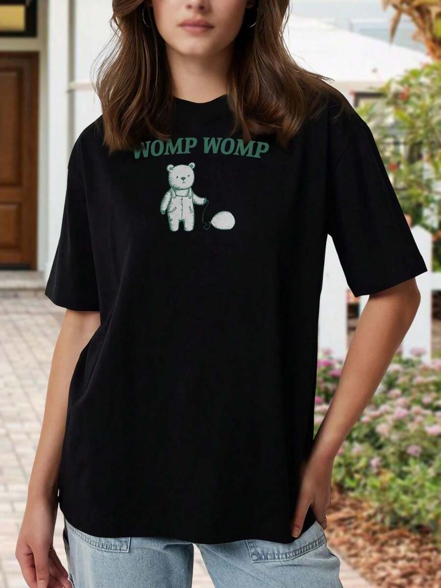 Camiseta de talla grande con estampado de oso Womp Womp para mujer, camiseta gráfica de dibujos animados, camiseta informal de moda, top único estilo streetwear, suave mezcla de algodón - ¡El regalo perfecto! - Negro - Ver 1
