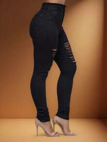 Women's Skinny Jeans, High Waist, Shapes Butt, Premium Line - 撕成黑色 - 查看 1