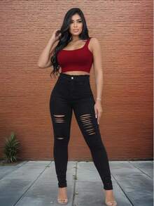 Women's Skinny Jeans, High Waist, Shapes Butt, Premium Line - 撕成黑色 - 查看 4