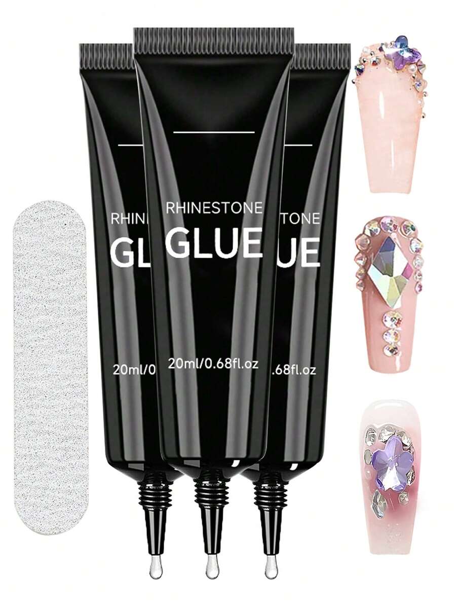 3PCS 20ml Super Strong Nail Art Rhinestone Glue And Rub, Suitable For 3D Nail Decoration, Shiny Gel, Gem Nail Art, Diamond Nails, Requires UV/LED Curing, Beauty Gift