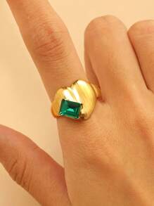 Elegant Vintage-Style 18K Gold-Plated Stainless Steel Inlaid Emerald Green Glass Heart Geometric Ring, Fashion Jewelry Versatile For Daily And Party Wear
