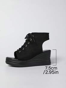 Women's Summer Preppy College Bohemian Goth Style Peep-Toe Platform Wedge Heel Casual Vacation Roman Sandals - Black - View 10