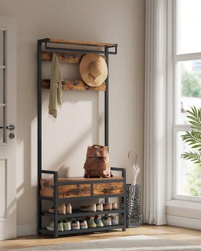 Hall Tree With Bench And Shoe Storage, Hallway Coat Rack With Shoe Bench, 2 Fabric Drawers, 10 Hooks, 30 X 80.4 X 181.6 Cm, Vintage Brown And Ink Black