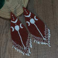 AHAYA 复古波西米亚风流苏吊坠耳环，手工制作，棕色种子珠和白色装饰，适合时尚女性日常佩戴，是情人节和母亲节的完美礼物 - 咖啡棕 - 查看 3