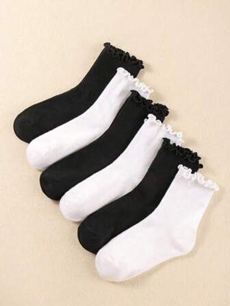 6 Pairs Black & White Solid Color High Elastic Ribbed Mid-Calf Socks