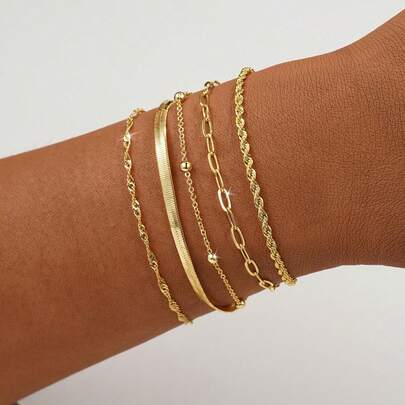 5pcs/Set Elegant Stackable Gold Tone Bracelets, Suitable For Women's Daily Wear (Random Bead Quantity, Fixed Length)