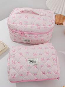 1 件/套粉色蝴蝶结和玫瑰设计大容量化妆品收纳袋带蕾丝，旅行护肤抽绳收纳袋，卫生巾包短途旅行必备时尚便携式化妆包，多功能收纳袋，可装口红、卫生巾、硬币、钥匙等，大容量可爱洗漱包，旅行收纳化妆包，母亲节礼物，返校礼物