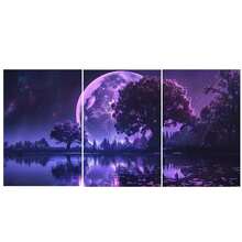 3PCS Big Purple Moon Canvas Art Print, Modern Wall Decoration Living Room, Bedroom, Studio And Corridor Large Wall Arts Posters Optional Frame ,Wall Art With Frame