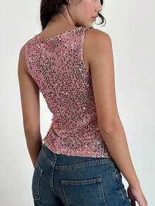 Women's Beads Sequins Tank Top Sparkle Sleeveless Boat Neck Solid Party Clubwear Vest - 粉色 - 查看 3