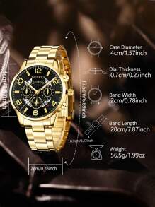 4-Piece Men's Gold Strap Fashion Casual Mixed Scale With Calendar Quartz Watch Bracelet Necklace Ring Jewelry Set Suitable For Daily Wear Decoration Or Holiday Gifts
