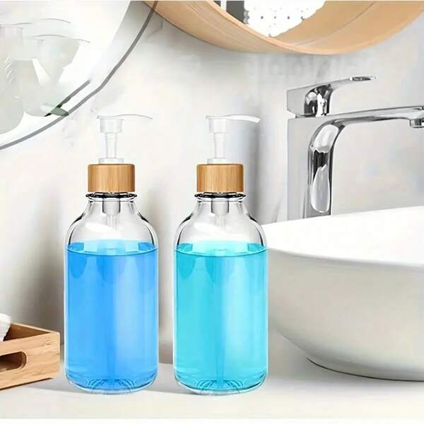 1/2 Pieces Clear Soap Dispenser, Bathroom Hand Soap And Lotion Dispenser Set With Bamboo Pump, 16 Ounces Plastic Hand Soap And Dish Soap Dispenser Set For Kitchen, Refillable Liquid Soap Bottle, Countertop Lotion Bottle, Bathroom Hand Soap Dispenser, (For Shampoo, Shower Gel, Conditioner), Bathroom Accessories Back To School