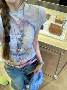 Summer American Tie-Dye Graffiti Print Round Neck Raglan Sleeve T-Shirt For Women