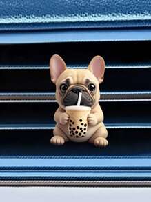 1pc 2D Acrylic Cute French Bulldog Drinking Bubble Tea Car Air Vent Clip, Decorative And Functional Car Accessories