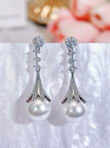 SEQUITO 2 piezas Joyas nobles para la fiesta de bodas de la novia, pendientes de gota con perla y circonia cúbica AAAAA de alta calidad con ajuste engastado en baño de oro blanco