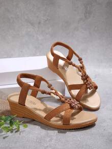 女士坡跟粗底系带棕色凉鞋，时尚波西米亚串珠沙滩鞋，休闲透气大码鞋，适合日常穿着 - 巧克力棕 - 查看 4