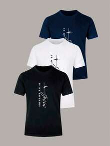 Kit 3 Men's T-Shirts Printed Colorful Men's Shirt Kit 3 Men's T-Shirts Printed Colorful Men's Shirt - 黑色 白色 海軍藍 球衣 - 查看 3