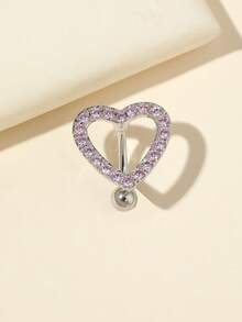 1pc Stainless Steel Hollow Heart Shaped Crystal Navel Ring - Silver - View 2