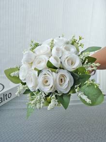1 Stück neue künstliche weiße Rose mit Geldpflanze Blatt Bouquet, Hochzeitsdekoration, geeignet für Hochzeitsfotografie, Wohnzimmerdekoration, Brautstraußaccessoire