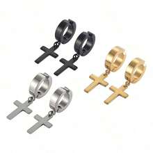 1 对男士个性化十字架吊坠（无耳孔）、假耳环、耳夹 - 黑色 - 查看 5