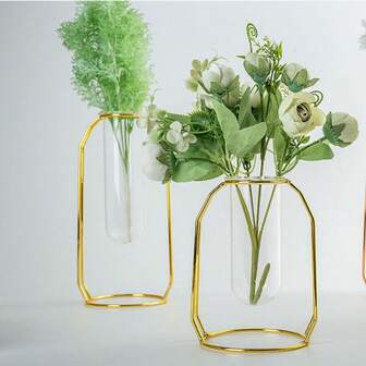 1pc Gold Metal Frame Test Tube Vase, Modern Creative Home Decor Flower Vase For Living Room, Shelves, TV Cabinets, Floral And Greenery Arrangements - Small & Large Options, Home Decor, Floral Decor Room Decor Glass Vase